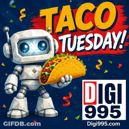 Robot Holding Taco In Front Of Taco Tuesday Sign GIF