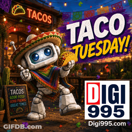 Robot Holding Taco In Front Of Tacos Restaurant GIF