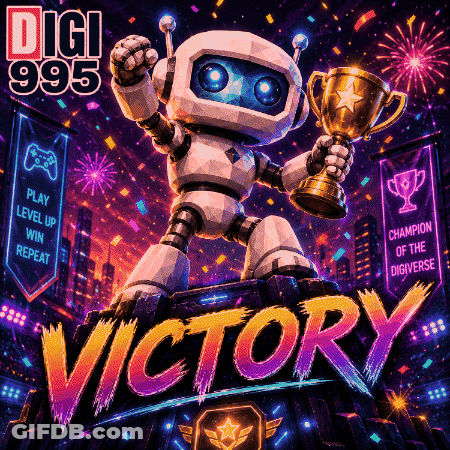 Robot Holding Trophy Digi 995 Victory GIF