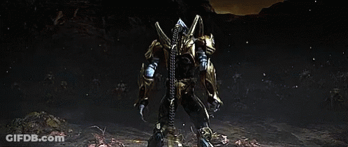 Robot Holding Two Lightsabers In Dark Room GIF