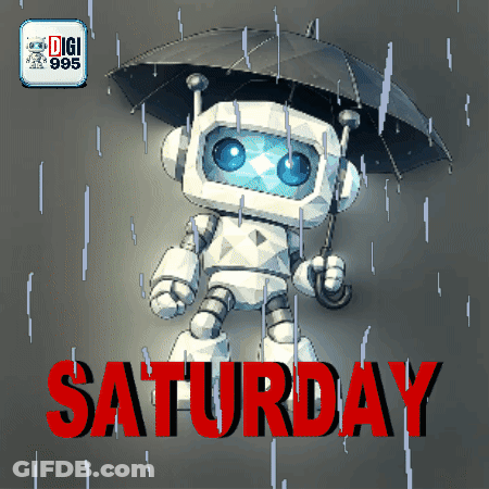 Robot Holding Umbrella Saying Saturday In Red GIF