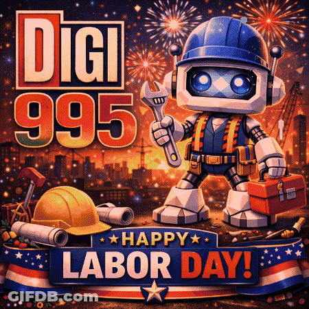 Robot Holding Wrench Digi 995 Happy Labor Day GIF