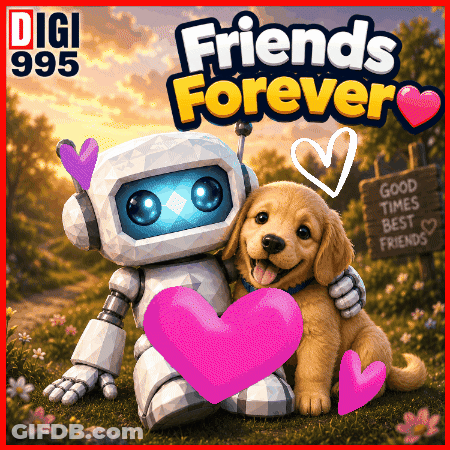 Robot Hugging Puppy With Pink Heart Good Times Best Friends GIF