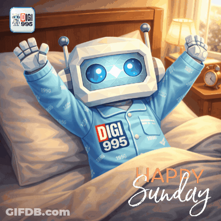 Robot In Bed Saying Happy Sunday GIF