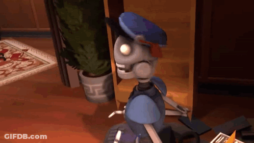 Robot In Blue Hat Standing Beside Plant GIF