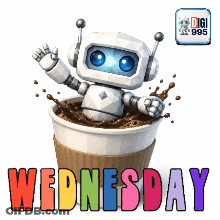 Robot In Coffee Cup Saying Wednesday GIF