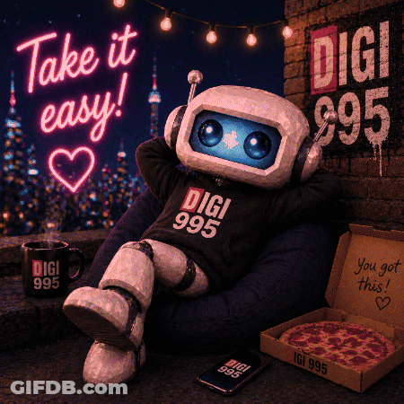 Robot In Digi 995 Shirt Next To Pizza And Mug GIF