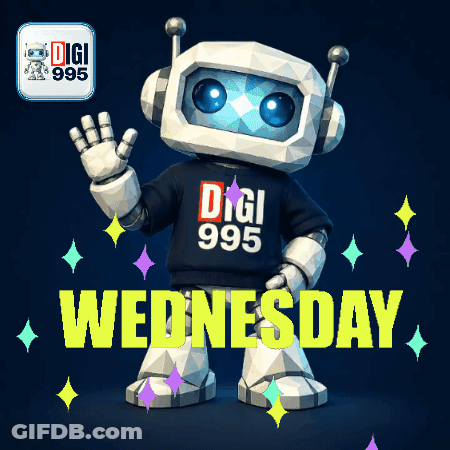 Robot In Digi 995 Shirt Standing In Front Of Wednesday Sign GIF
