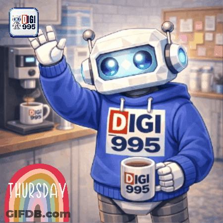 Robot In Digi 995 Sweater Holding Coffee Mug GIF