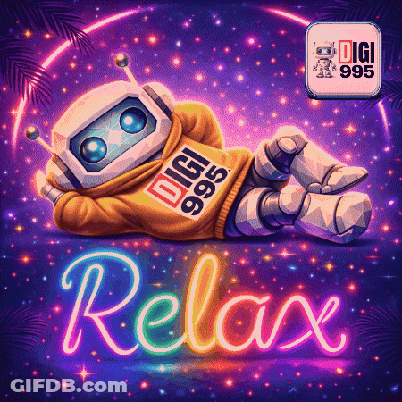 Robot In Digi 999 Sweatshirt Laying In Front Of Relax Neon Sign GIF