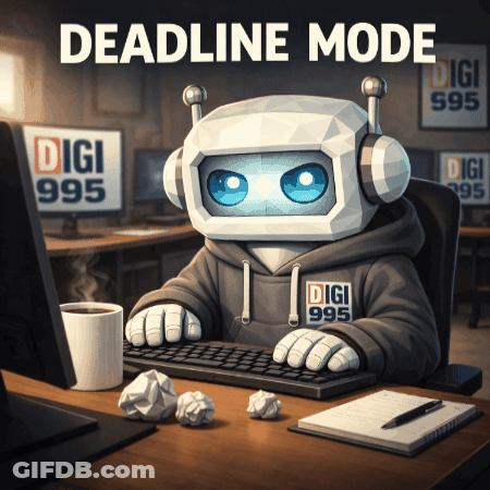Robot In Digi Hoodie Typing On Computer GIF