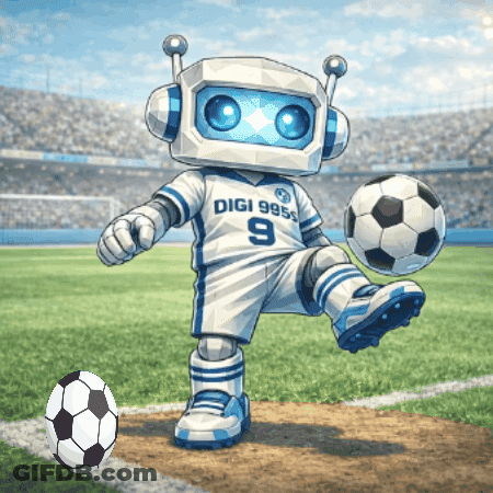 Robot In Digi Soccer Uniform Kicking A Ball GIF
