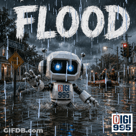 Robot In Flooded Street With Flood Text GIF