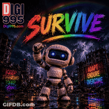 Robot In Front Of Digi 995 Logo GIF