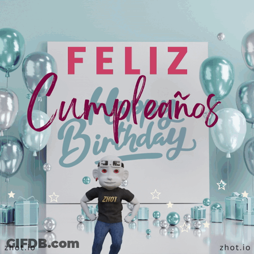 Robot In Front Of Feliz Cumpleaños Birthday Sign GIF