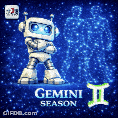 Robot In Front Of Sign Saying Gemini Season II GIF