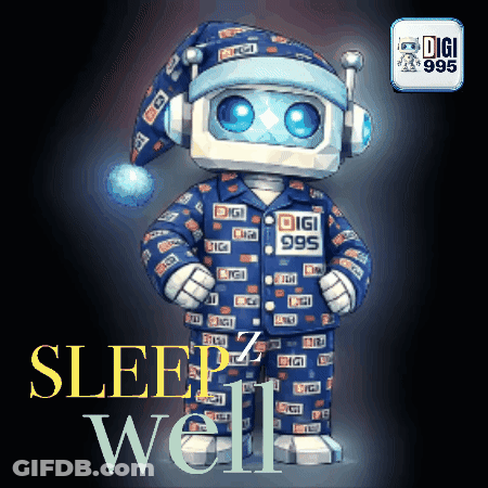 Robot In Headphones And Pajamas With Digi On Chest GIF