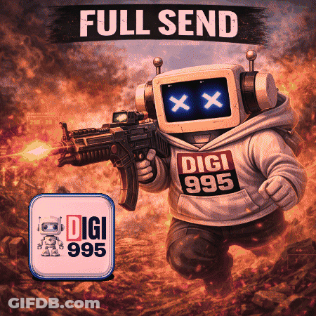 Robot In Hoodie Saying Digi 995 Running With Gun GIF