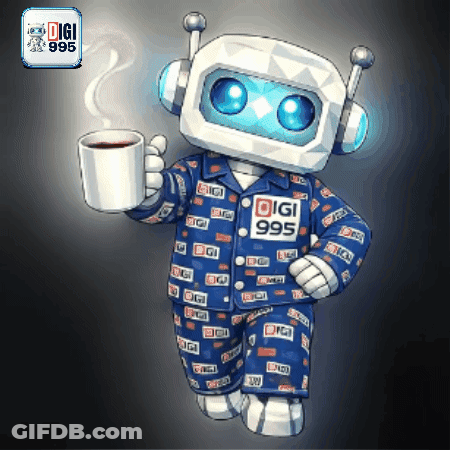 Robot In Pajamas Holding Coffee With Digi 995 GIF