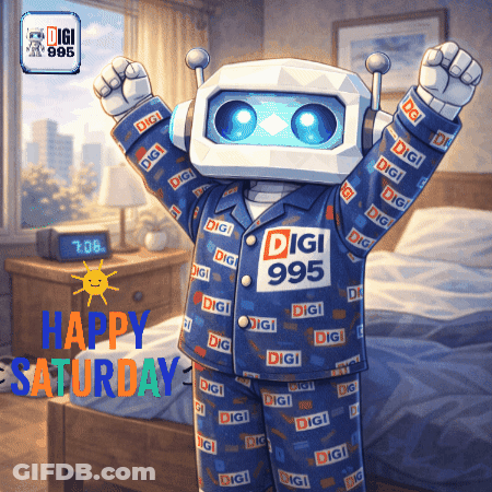 Robot In Pajamas With 995 Logo GIF
