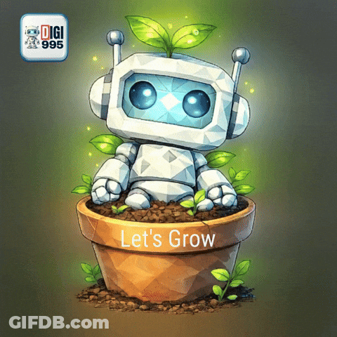 Robot In Pot Saying Let's Grow GIF