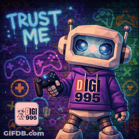 Robot In Purple Digi 995 Sweatshirt Holding Game Controller GIF