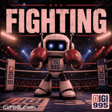 Robot In Red Boxing Gloves In Ring Saying Fighting GIF