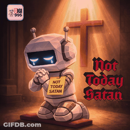 Robot Kneeling With Not Today Satan Sign GIF