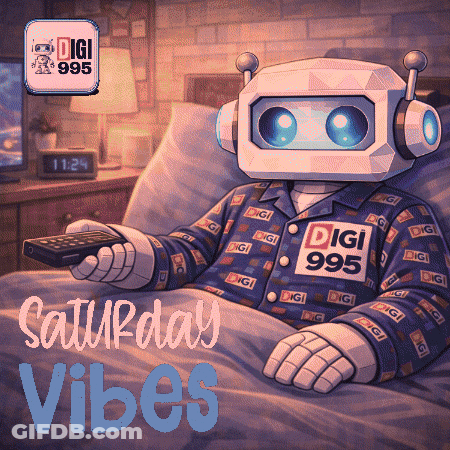 Robot Laying In Bed Holding Remote Saturday Vibes GIF