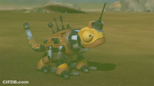 Robot Laying In Dirt Yellow Head GIF
