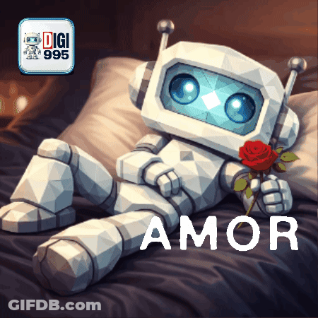 Robot Lying On Bed Holding Red Rose Amor GIF