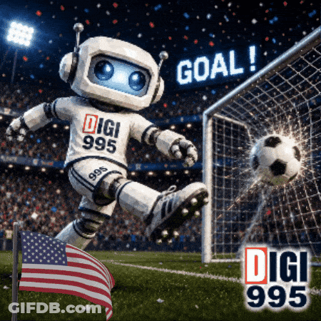 Robot Mascot Kicking Soccer Ball Saying Digi 995 GIF