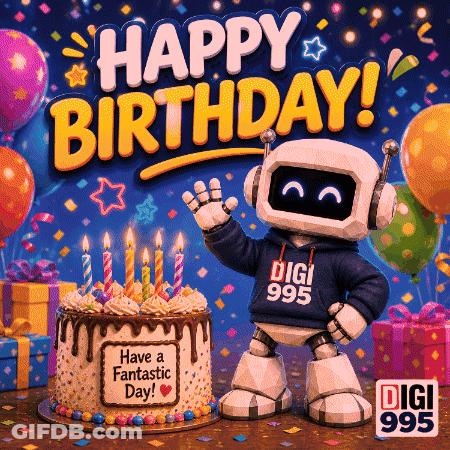Robot Next To Birthday Cake Saying Have A Fantastic Day GIF
