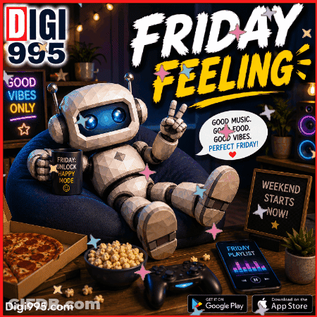 Robot On Bean Bag Holding Friday Cup GIF