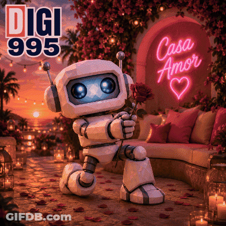 Robot On Bed Holding Red Rose With Amor GIF