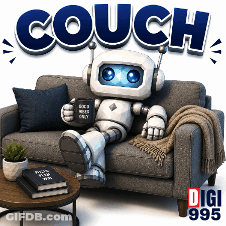 Robot On Couch Holding Good Vibes Only Mug GIF