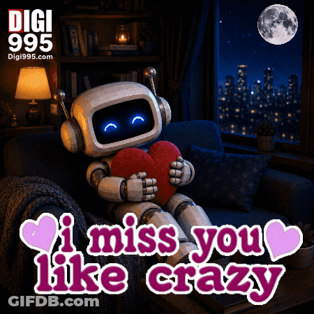 Robot On Couch Holding Red Heart Saying I Miss You Like Crazy GIF
