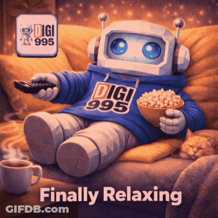 Robot On Couch With Remote And Popcorn Saying Finally Relaxing GIF