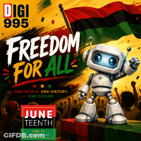 Robot On Pedestal Saying Freedom For All GIF