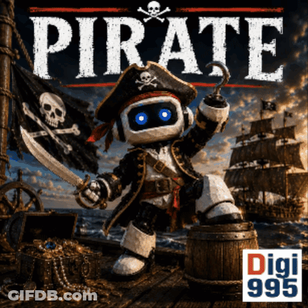 Robot Pirate Holding Sword And Hook GIF