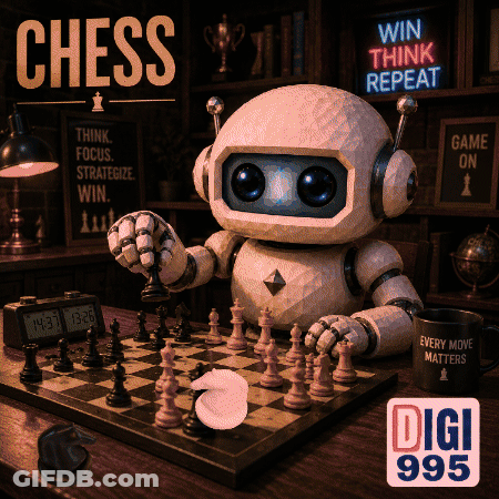 Robot Playing Chess With Win Think Repeat Sign GIF