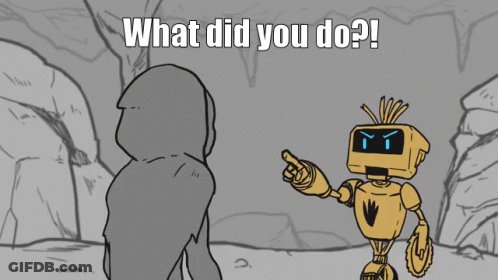Robot Pointing At Man Saying What Did You Do GIF