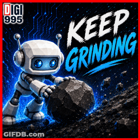 Robot Pushing Rock Saying Keep Grinding GIF