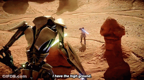 Robot Saying I Have The High Ground To Man GIF