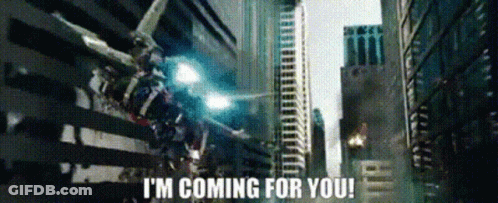Robot Says I'm Coming For You Flying Through City GIF