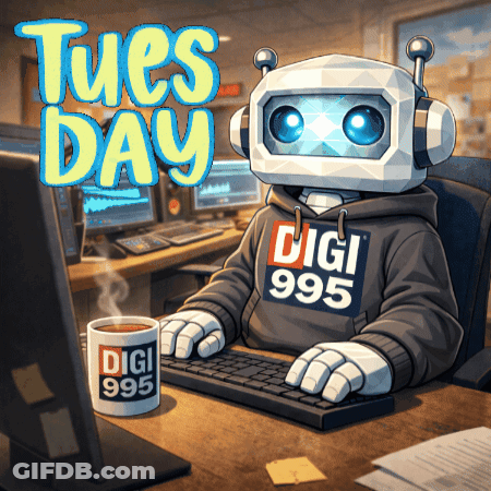 Robot Sitting At Desk With Coffee And Tuesday Sign GIF