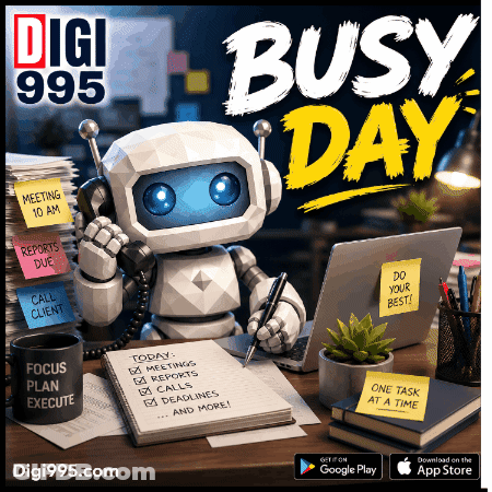 Robot Sitting At Desk With Laptop And Sticky Note Saying Do Your Best GIF