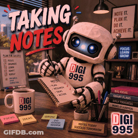 Robot Sitting At Desk Writing Notes GIF