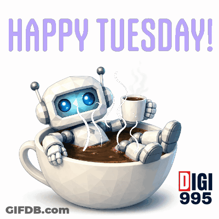 Robot Sitting In Coffee Cup Holding Coffee GIF