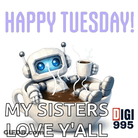 Robot Sitting In Coffee Happy Tuesday My Sisters Love Y All GIF